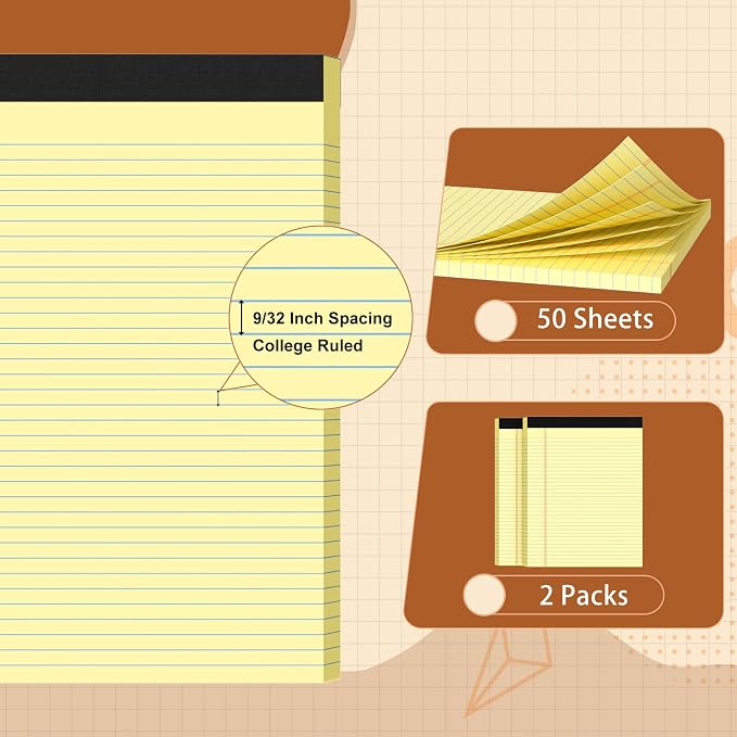 Legal Pads 8.5 X11, College Ruled Notepads, 2 Pack, 50 Sheet/Pad | Yellow Legal Pads, Tear Off Notepad, Perforated Writing Pad, Notebook Paper College Ruled, Notepads For Office Home School