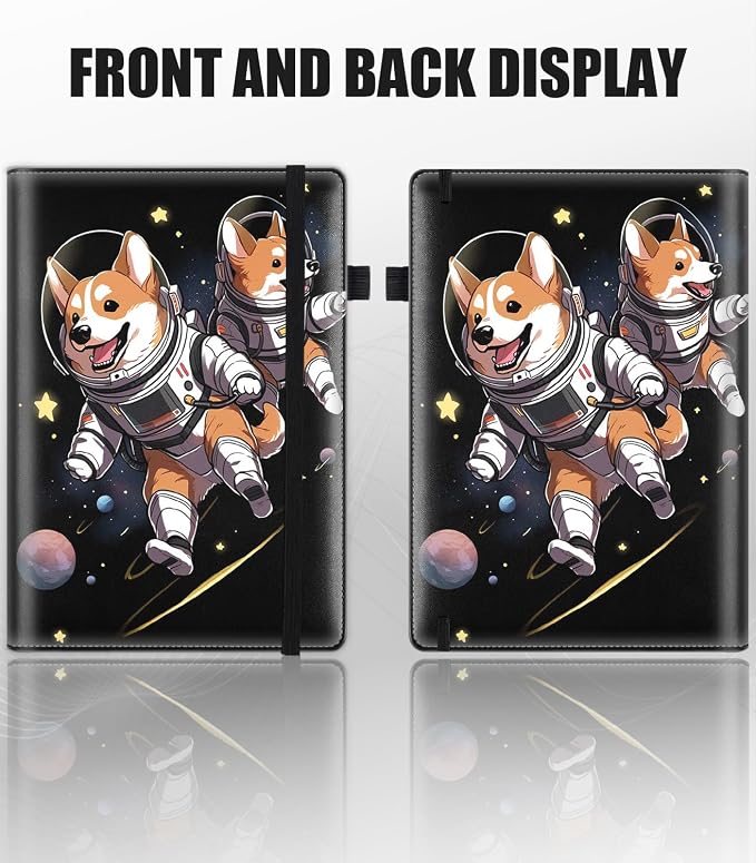 Hardcover Executive Notebooks, A5 PU Leather Lined Journal Notebook, 200 Pages Thick Paper Subject Notebooks for School,Work,Home Writing Business Notebook, Diary Book ， Space Corgi Dog