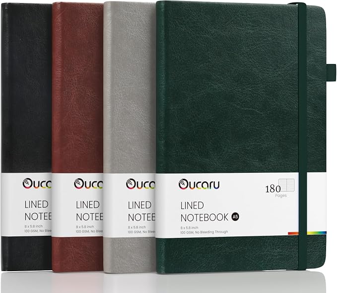 Oucaru 4 Pack A5 Lined Journal Notebook, 180 Pages 100 GSM Paper for Travel | 100 GSM Thick Paper No Bleed, 180 Lined Pages, 180° Lay Flat, Pen Holder, Back Pocket, 4 Pack Journal Set for Writing
