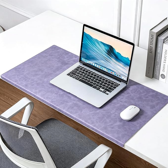 Edge-Locked Non-Slip Large Desk Pad with Edge Protector, Leather Office Laptop Mouse Mat Extended Table Protector, Desk Blotter for Writing Game Work Typing (Purple,31.5"x15.7")