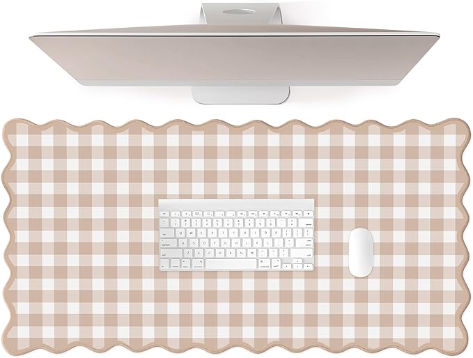 Scalloped‌ Checkered Desk Mat Cute Light Brown Gingham XXL Large Gaming Mouse Pad Farmhouse Cottagecore ‌Vintage‌ Keyboard Computer Mat Pad for Desktop Aesthetic Cozy Office Desk Decor