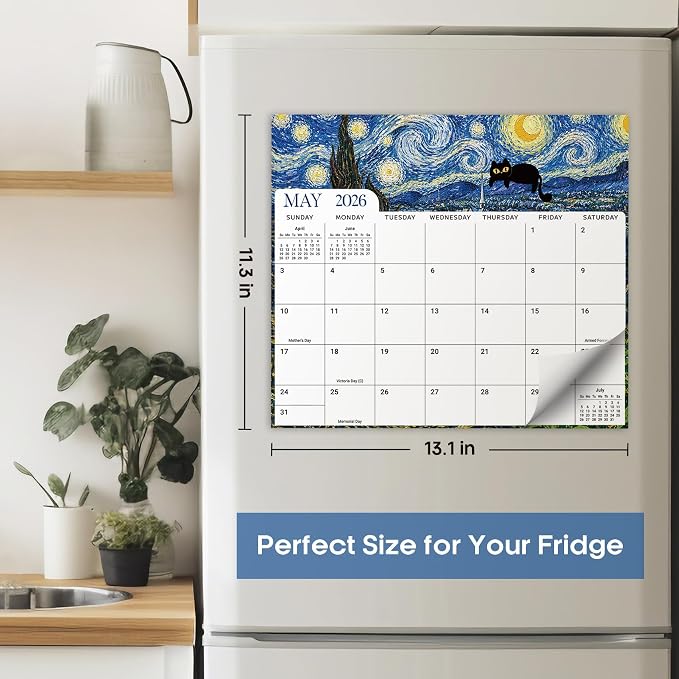 Aesthetic 2026-2027 Magnetic Calendar for Refrigerator, 21-Month Fridge Calendar Magnet from April 2026 to December 2027, Easy Organizing, Black Cats