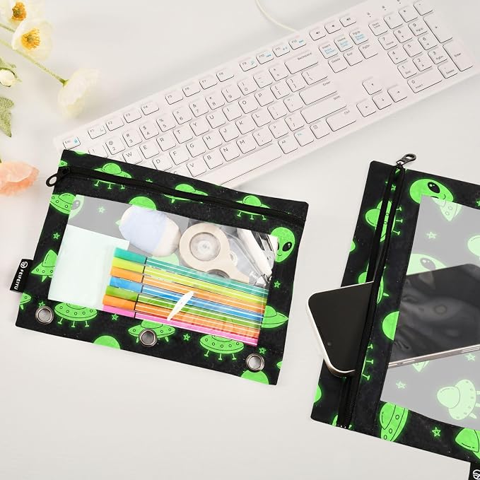 Alien UFO Pencil Pouches for 3 Ring Binder, Zipper Binder Pencil Case, 2 Pack Clear Window Case Bag for Office Organizers