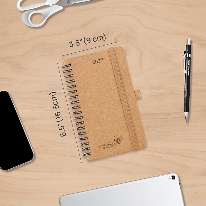 POPRUN 2027 Recycled Pocket Planner (Slim Size 3.5'' x 6.5'') Calendar Book | Weekly and Monthly Planner for Purse with Hourly Time Slots, Italian Regenrated Leather, Spiral Soft Cover - Desert Brown