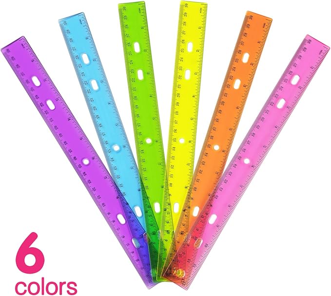 ZZTX 6 Pack Color Transparent Ruler Plastic Rulers 12 Inch | Clear plastic, Dual scale, For school home office