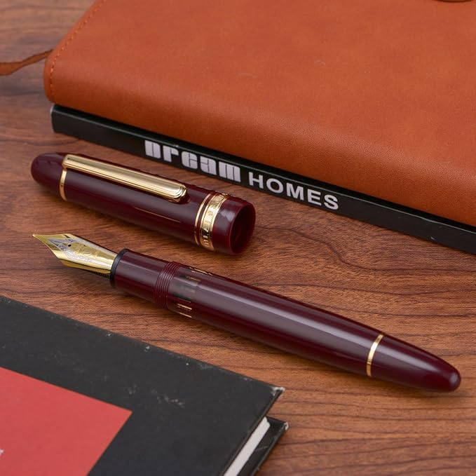 Wikult Yongsheng Junlai 930 Acrylic Fountain Pen, Size 9 Broad Nib with Piston Filling System, Wine Red Fence Ink Tank with Torpedo Shape Design Large Hand Pen (Gold Trim)