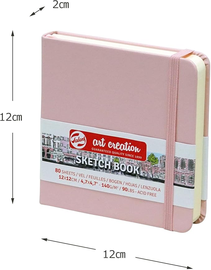 Talens Art Creation Sketchbook, Pastel Pink, 80 Sheets, 4.7 x 4.7 in | Hard-Bound Pocket Notebook, 140 GSM/94 lbs Paper, Acid-Free Cream Blank Paper, Ribbon Bookmark, and Elastic Closure