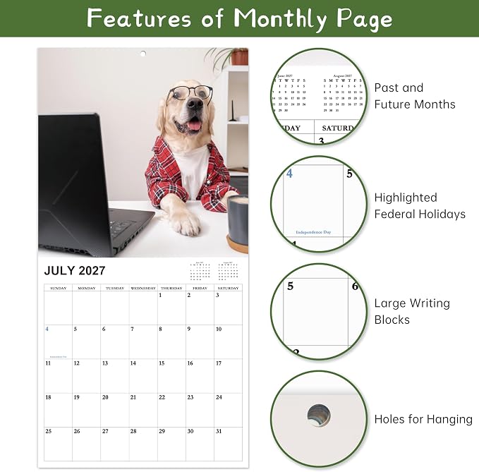 2026-2027 Calendar - 18-Month Wall Calendar 2026-2027 Funny Dog Calendars from Jul. 2026 - Dec. 2027, Wall Calendar with Unruled Blocks, Holidays, 12" x 24"(open), Fun Wall Calendars Gag Gifts - Funny Dog