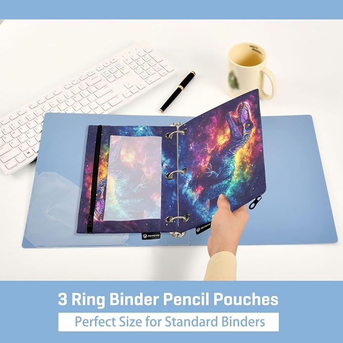 Galaxy Dinosaur T. Rex Binder Pouches 3 Ring for Boys Girls School Office College Supplies Space Dino Stars Tyrannosaurus Rex Nebula Pencil Pouches Case Bag with Clear Window and Zipper 2 Pack