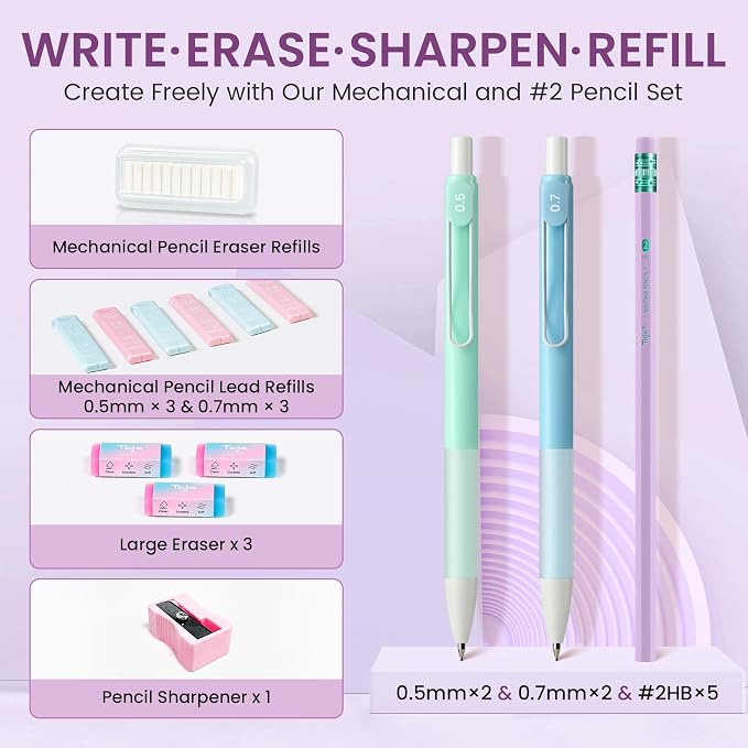 Cute Pencil Case With Supplies, 39 PCS Aesthetic Stationery Set with Pencil Pouch, 6 Black Ink Gel Pens, 12 Pastel Highlighters, 5 #2 HB Pencils, 4 Mechanical Pencils, Back to School Supplies - Purple