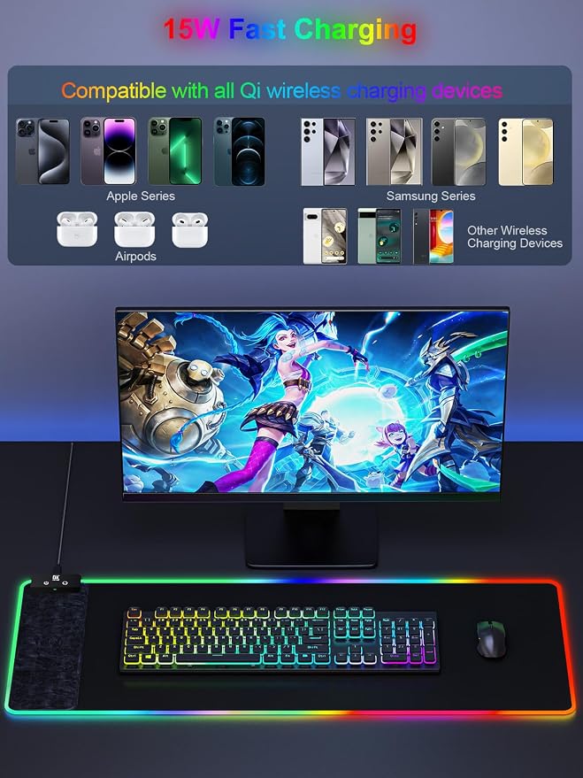 RGB Gaming Mouse Pad with Fast Wireless Charger, LED Extended Desk Mat, Home Office Large Desk Pad with Ultra-Smooth Surface, Non-Slip Base, Waterproof Keyboard Pad (Black)
