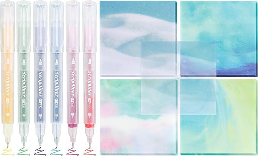 BAYTORY 200 Sheets Transparent Sticky Notes, Glitter Clear Sticky Note | 6Pcs Double-ended Colored Marker Pen, 3 x 3 Waterproof Self-Stick Notes, Easy to Post for Note Taking (Morandi)