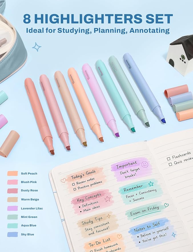 SUNEE 35PCS Aesthetic Stationery Set with Cute Pencil Case, Pastel Highlighters, Black Gel Pens, Mechanical Pencils & Refills, College School Supplies for Students Girls Blue
