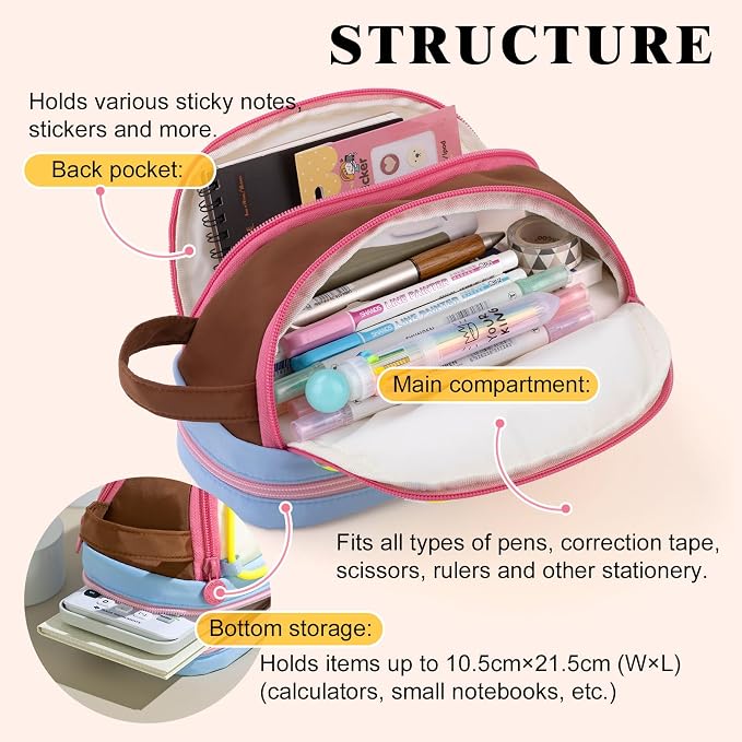 CICIMELON Large Capacity Pencil Case, Cute Aesthetic Pencil Pouch with 3 Compartments, Big Pencil Bag Organizer for School Supplies, Pen Holder for Kids, Girls, Boys, Students