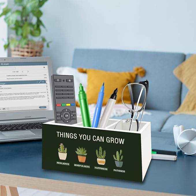 Mental Health Pen Pencil Holder Organizer for Desk, Things You Can Grow Motivational Wooden Box Signs Decorations for Therapy Counselor Office Desk Tabletop, Inspirational Office Decor
