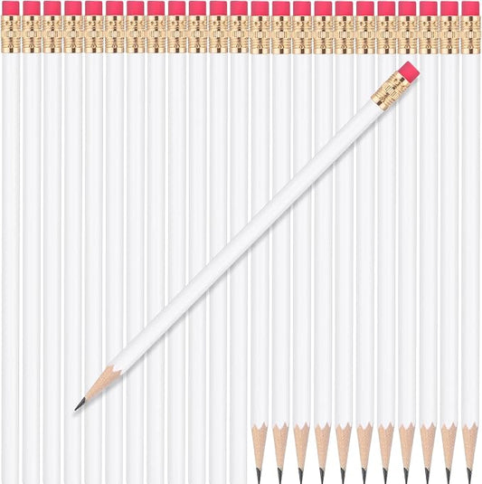24 Pcs Round Pencils with Eraser 2 HB Cute Pencils Bulk for School Graphite Wood Color Unsharpened Pencil for Drawing Sketching Wedding School Teacher Supplies Student Reward(White)