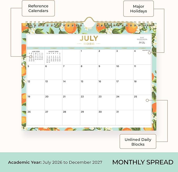 Blue Sky 2026-2027 Monthly Academic Wall Calendar, 11"x8.75" Orange Blossom | July 2026 - December 2027, Durable Twin Wire Binding, Colorful Interior, For Home, Office And Classroom, Day Designer