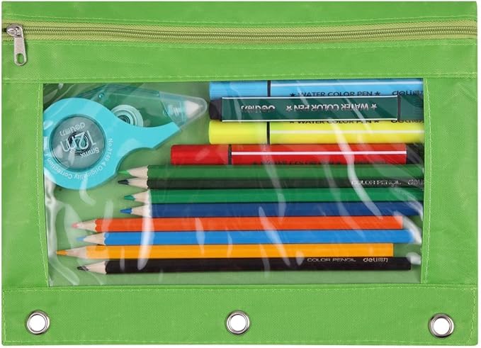 3-Ring Pen Pencil Pouch with Clear Window Stationery Bag Binder Case Classroom Organizers Green