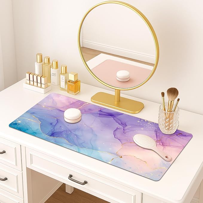 Britimes Teal Mauve Marble Desk Mat Watercolor Golden Purple Deak Pad Non-Slip PU Leather Large Keyboard Mouse Pad Office Desktop Accessories for Office,Work,Home Decor(31.5"X15.7")