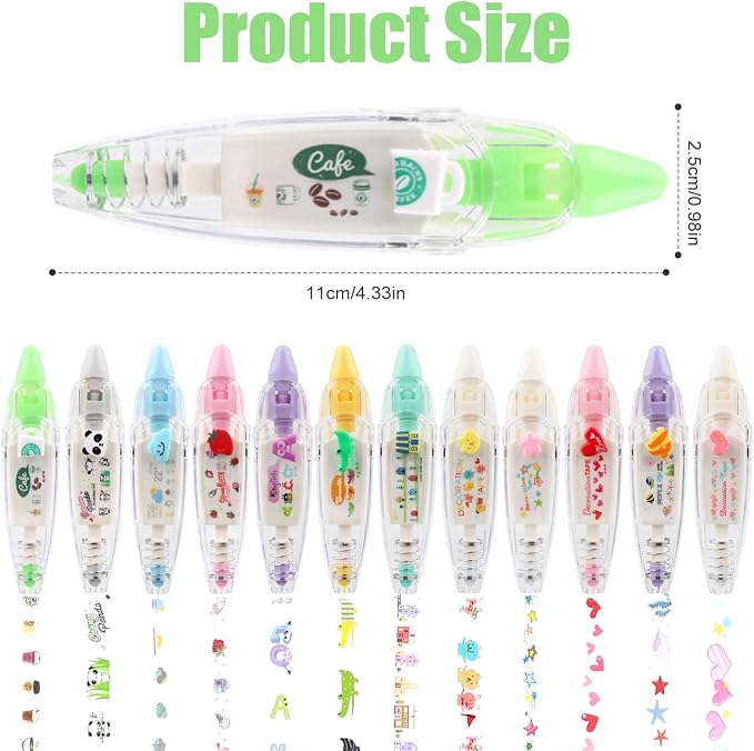 NQEUEPN 12pcs Decorative Tape Pen, Cute Animals Press Type Decorative Pen Tape Roller Pen DIY Creative Cartoon Correction Tape for Boy Girls Gift Teacher Class Rewards (12 Themes)