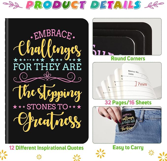 12 Pcs Mini Inspirational Notebooks Bulk with 12 Colorful Pens， 3.5"x5.5" | Small Pocket Journal Notepads Set, Motivational Bulk Gifts for Women Men Teacher Students Kids, End of School Year Gift Bulk