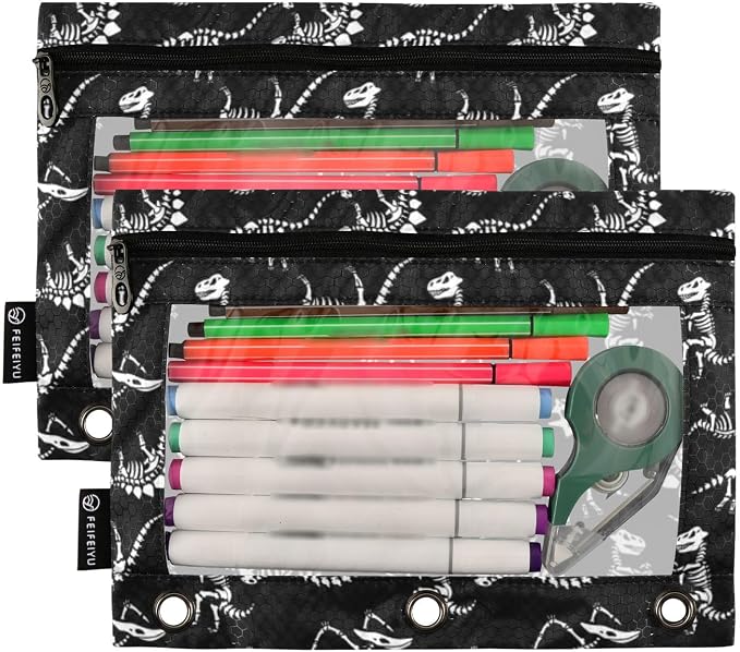 Dinosaur Skull Pencil Pouches for 3 Ring Binder 2 Pack | Binder Pencil Case With Zipper Reinforced GrommetsPencil Bags for Office Organizers