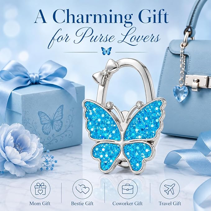 Purse Hook for Table, Foldable Handbag Hanger for Women, Portable Bag Holder with Non-Slip Base, Cute Sequin Blue Butterfly Purse Table Hook for Restaurant Office Travel Gift