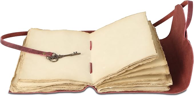 Leather Journal with Unlined Deckle Edge Paper 8x6 inch and Vintage Key | Handmade Writing Notebook Diary | Bound Daily Notepad for Men & Women Medium, Sketch/Writing pad for Artists