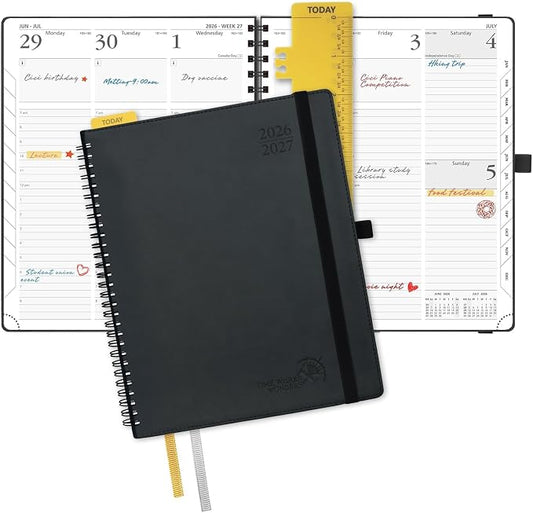 POPRUN Planner 2026-2027 (Large - 8.5'' x 10.5'') Academic Weekly Planner | Calendar(July 2026 - June 2027) Appointment Book with Hourly Time Slots, Monthly Tabs, 100GSM, Spiral Leather Cover - Black