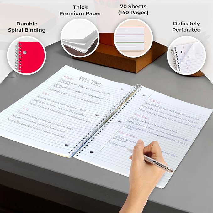 Rosmonde 50 Pack, 1 Subject Spiral Notebook College Ruled Bulk, 140 Pages (70 Sheets), Thick No-Bleed Paper, 8 x 10-1/2", 3 Hole Punched, College Ruled 1 Subject Notebook Bulk, Bulk Subject Notebook