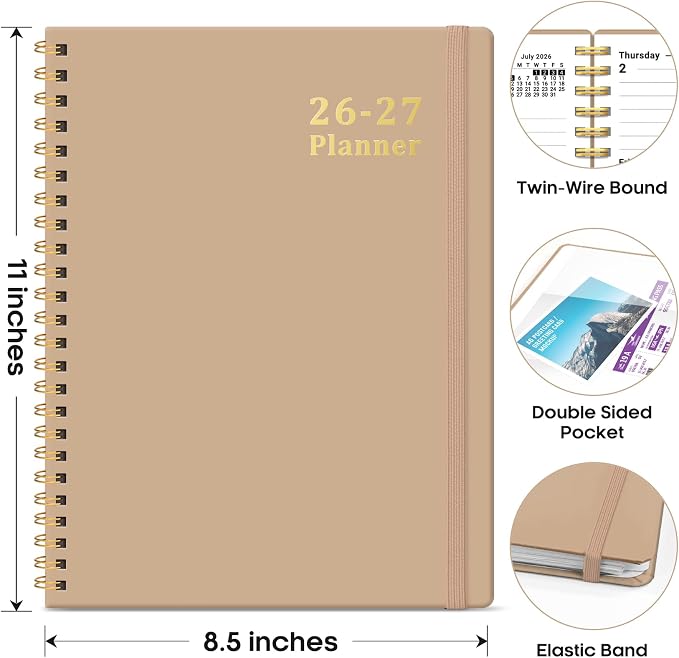 Planner 2026-2027, 8.5" x 11" Weekly and Monthly Academic Year Planner Calendar, July 2026 - June 2027, Hardcover Large School Planning Agenda With Tabs, Perfect for School & Office Supplies, A4, Oat Brown