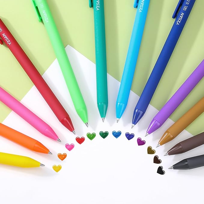 YISAN Colored Gel Pens,12 Colors,0.7mm Fine Point,Fast Dry,No Bleed | Journal Pens,Smooth Writing,Retractable,71044