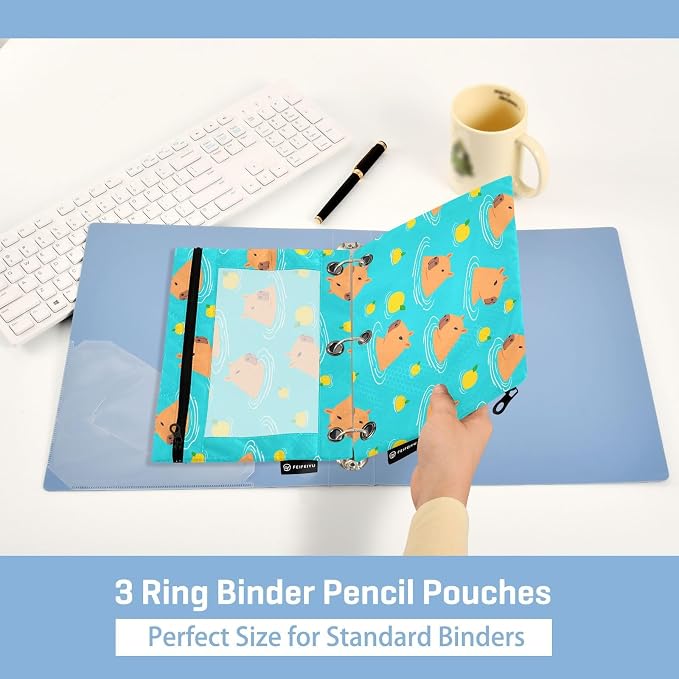 Gredecor Binder Pencil Pouch 3 Ring Cute Capybara Teal Zipper Pencil Pouches Case 2 Pack Clear Binder Organizer for School Office