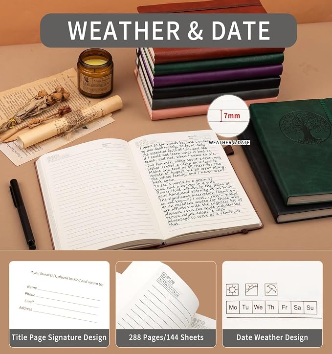 Lined Journal Notebook, A5 Leather Vintage Journals for Writing, 288 Pages College Ruled Notepad for Women Men, Vegan Leather Daily Notebook for Work, School, Travel, Note Taking(Tree of Life, Grey)