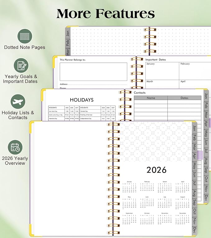2026 Planner, Hardcover Leather Weekly and Monthly Planner, January 2026 - December 2026, Spiral Yearly Agenda Organizer Book 2026 with Tabs, Daily Calendar Planners for School Work Home, A5 (5.75" x 8.38"), Purple