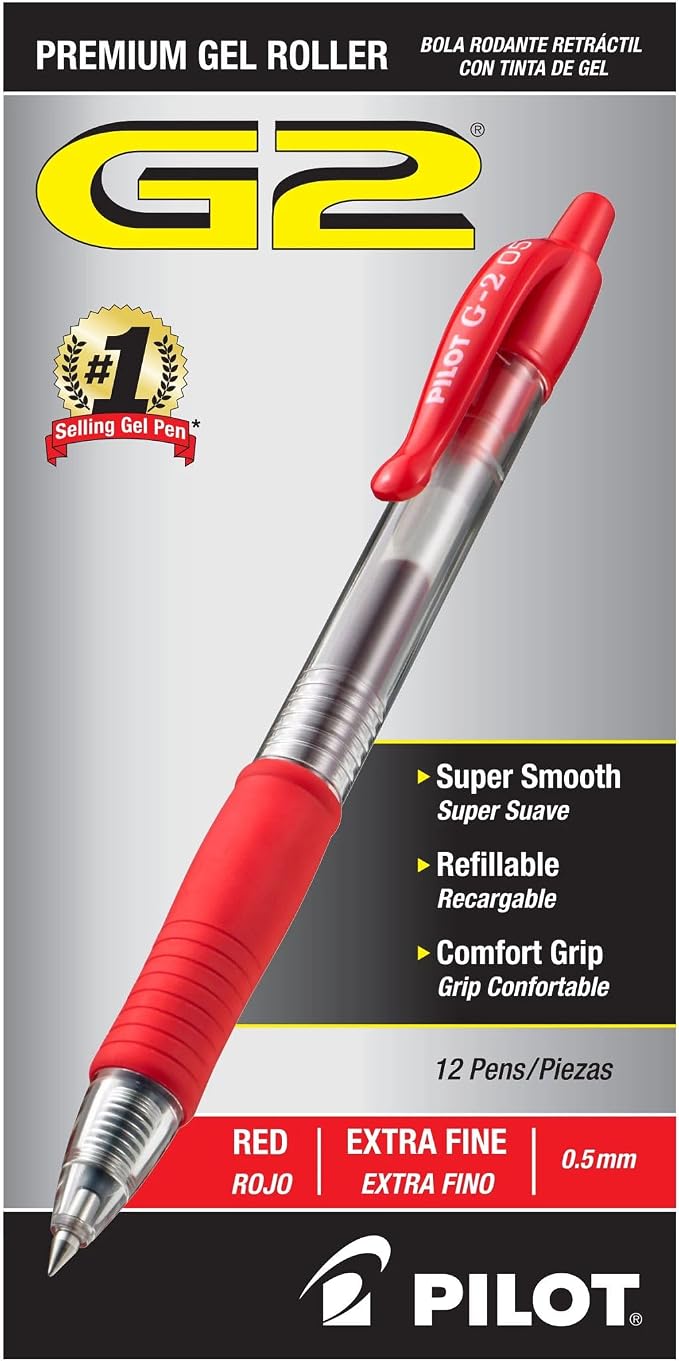 Pilot G2 Premium Refillable and Retractable Rolling Ball Gel Pens, Extra Fine Point, Gel Ink Pens, 0.5mm, Red Ink, 12-Pack