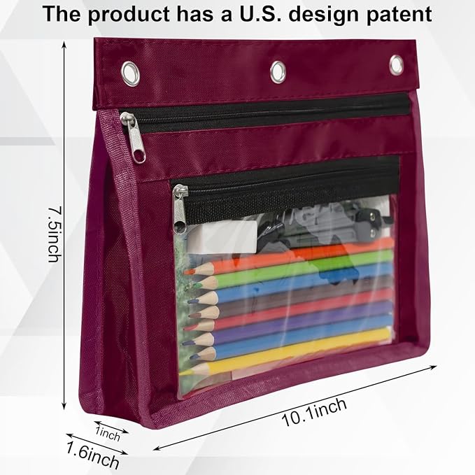 YoeeJob 2 Pack 1 Inch Expandable Zipper Pencil Pouches with Clear Window for 3 Ring Binder, Suitable for School & Office（Wine-red）