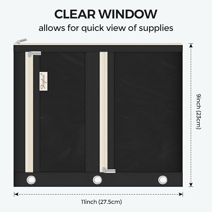 SKYDUE Pencil Pouch for 3 Ring Binder, 3 Compartment Zipper Pencil Case, Large Capacity Pen Organizer with Clear PVC Window for School Supplies, Students, Kids & Teachers