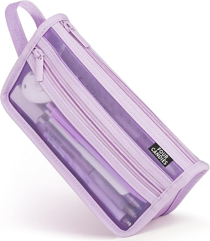 Four Candies Grid Mesh Pencil Case with Handle and Zipper, Clear Double-layer Pencil Pouch Marker Pouch, Travel Makeup Bag, Cute Transparent Stationary Organizer Pen Bag for Adult Office College