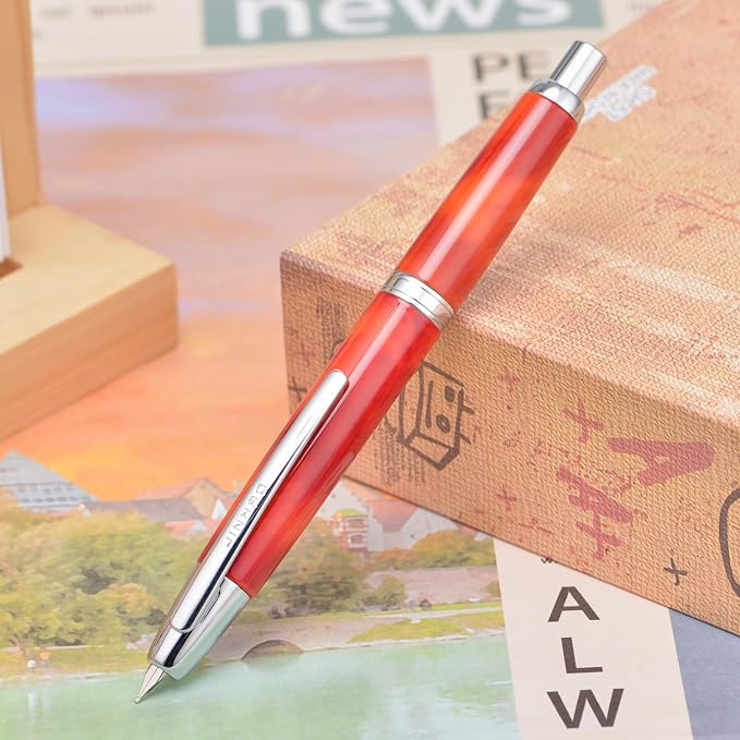 Jinhao 10 Press Fountain Pen with Box, Volcanic Red Retractable Medium Nib with Ink Converter Set (Silver Clip)