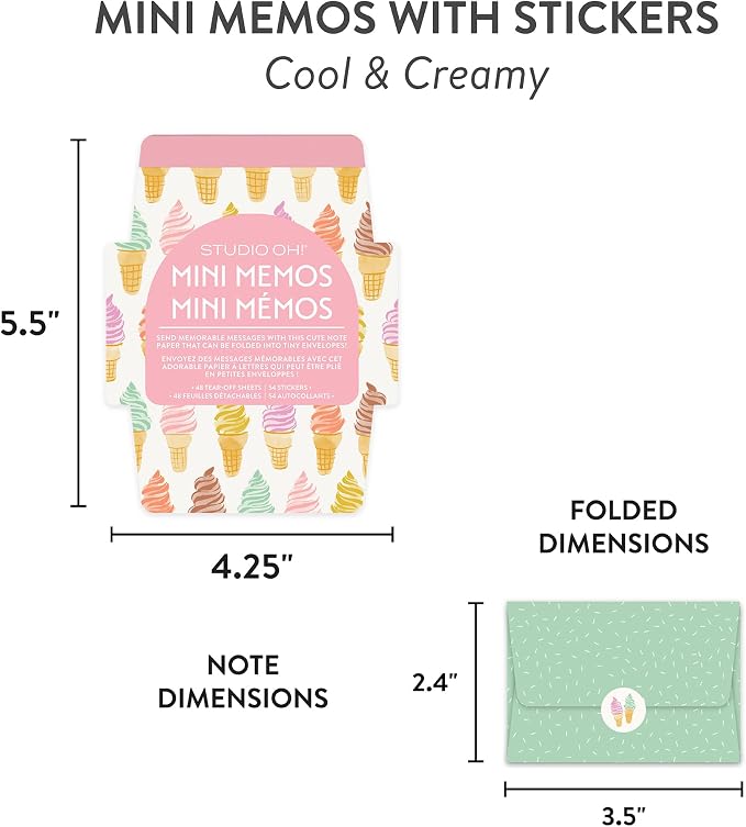 Studio Oh! Blank Mini Note Cards with Sticker Seals, 48 Tear-Off Foldable Memos, Tiny Envelope Notes, 6 Designs, 54 Stickers for All Occasion, Thanks, Party Invitations, Cool and Creamy