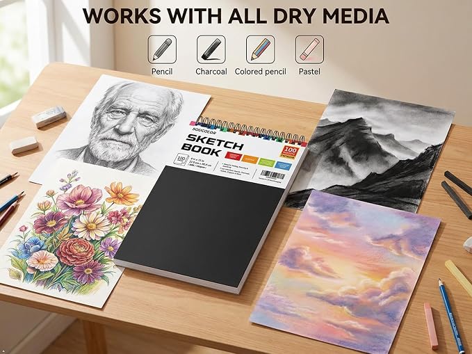 Soucolor Sketch Book 9x12,100 Sheets, Kids Art Sketchbook for Drawing Pad | 68lb Acid-Free,Fine-Texture Matte,No Bleed-Through,Top Spiral Lay-Flat, Micro-Perforated — Dry Media, Sketch Book for Adults