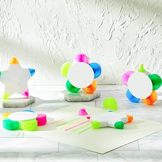 6 Pieces Petals Highlighters Flower and Star Shape Highlighter Cute Watercolor Highlighter Pens 5 in 1 Fluorescent, Brush Tip for Office Stationery Supplies Back to School 5 Colors