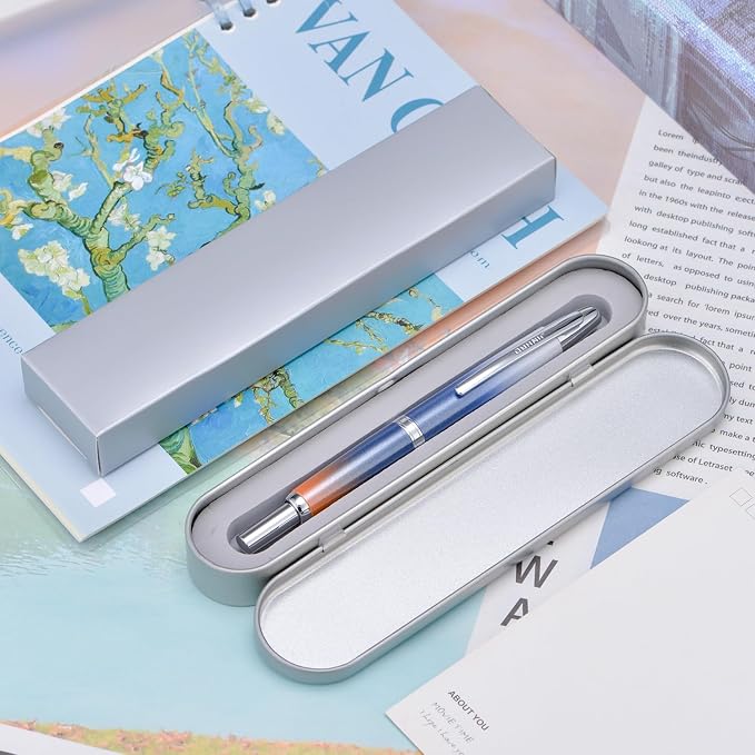 Jinhao 10 Press Fountain Pen with Box, Gradient Dark Blue Retractable Medium Nib with Ink Converter Set (Silver Clip)