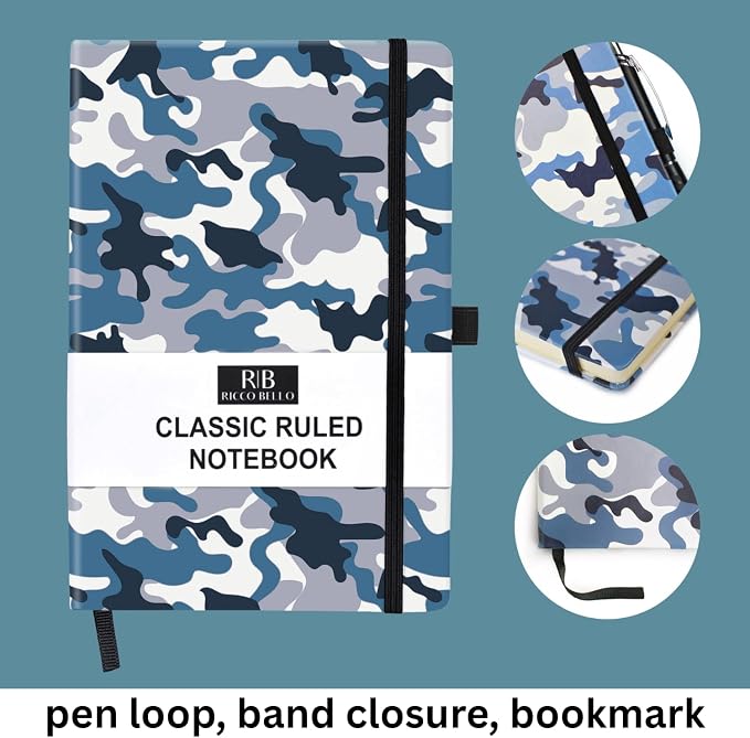 RICCO BELLO Lined Journal Notebook, Blue Camo, 5.7 x 8.4-Inches | Faux Leather Hardcover, Pen Holder, College Ruled, 96 Sheets / 192 Pages, For Work & Notes