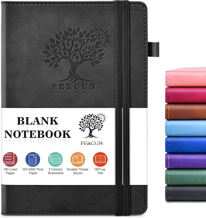 PERCUN Blank Journal Notebook, A5 Hardcover Sketchbook, 140 Pages 5.9"×8.5" | Leather Unlined Notebook for Drawing & Writing, Travel Diary, Art Journal for Men Women, School & Work