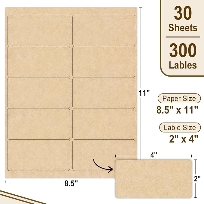 NATURALABEL 30 Sheets Printable Kraft Label Stickers for Laser & Inkjet Printers, 2" x 4" - 10 per Page, Matte (300 Count)