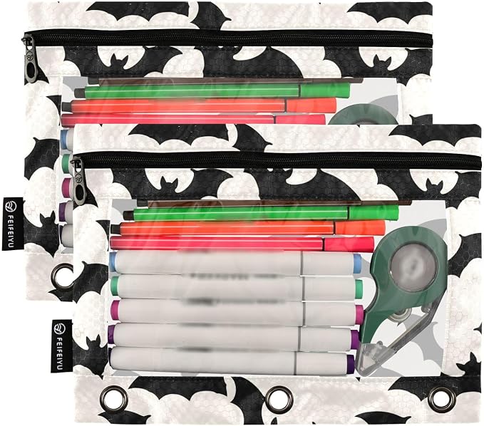 Gredecor 3 Ring Binder Pencil Pouch, Black White Bats-2 Zippered Pen Case Pouches with Clear Window, 2 Pack Stylish Office & School Supplie