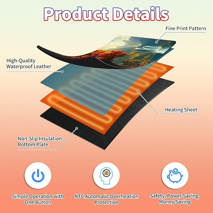 Heated Desk Pad Large Mouse Pad 31.5 x 13 inch with 3 Levels Heating & Auto Shut-Off Warm Mouse pad PU Leather Computer Mousepad for Home Office Work - Maple Leaf