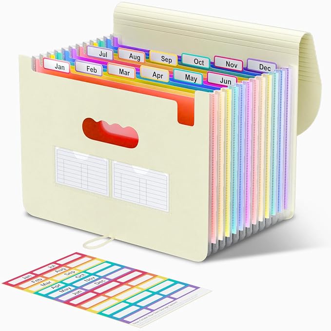 ThinkTex Accordion File Organizer, 12 - Pocket Expanding File Folders | for Receipts, Bills&Taxes Organizer, Letter/A4 Size Document Holder for School, Office, Home with tabs-Beige Color